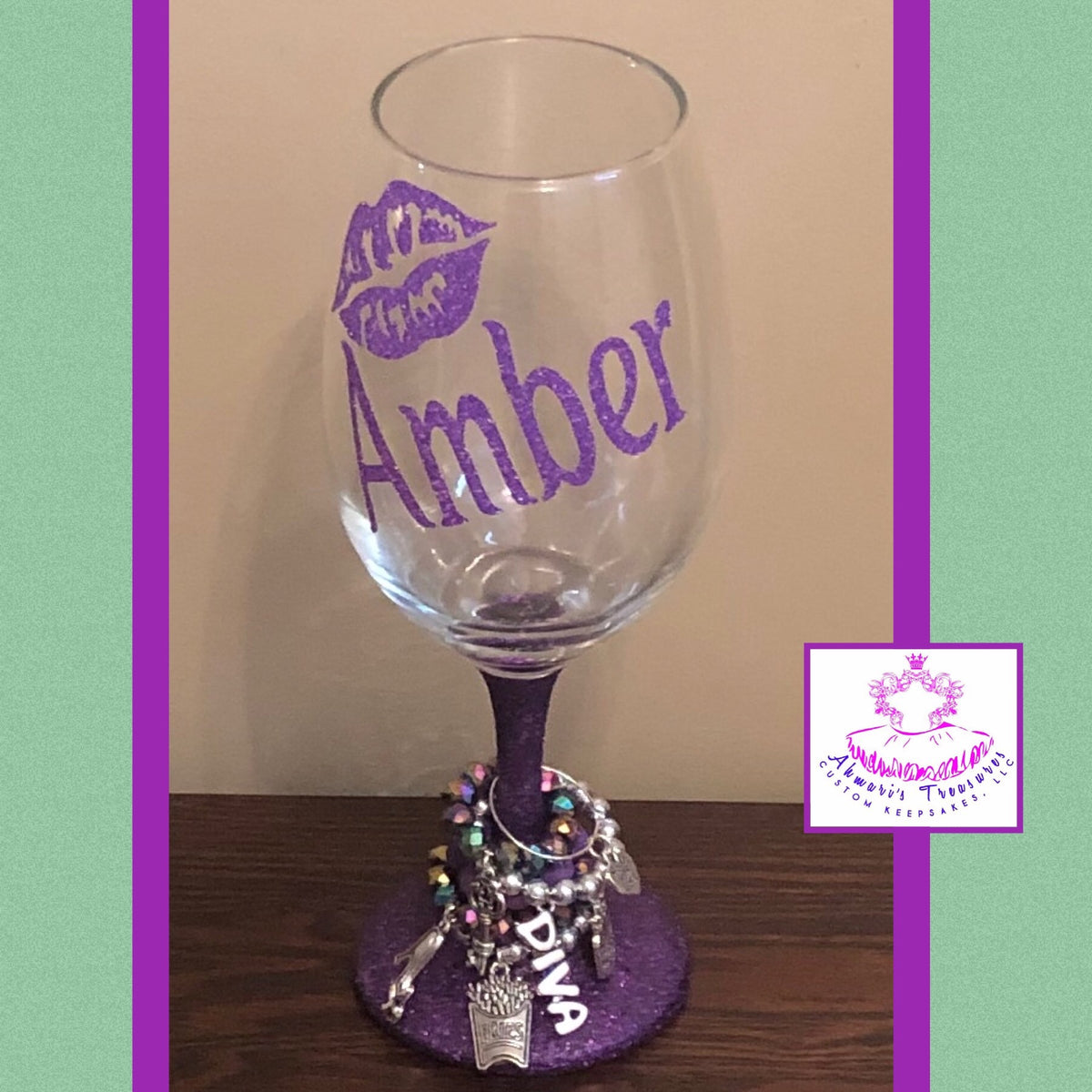 Hand crafted Sparkle Wine Glass Purple w/charm--Made by order